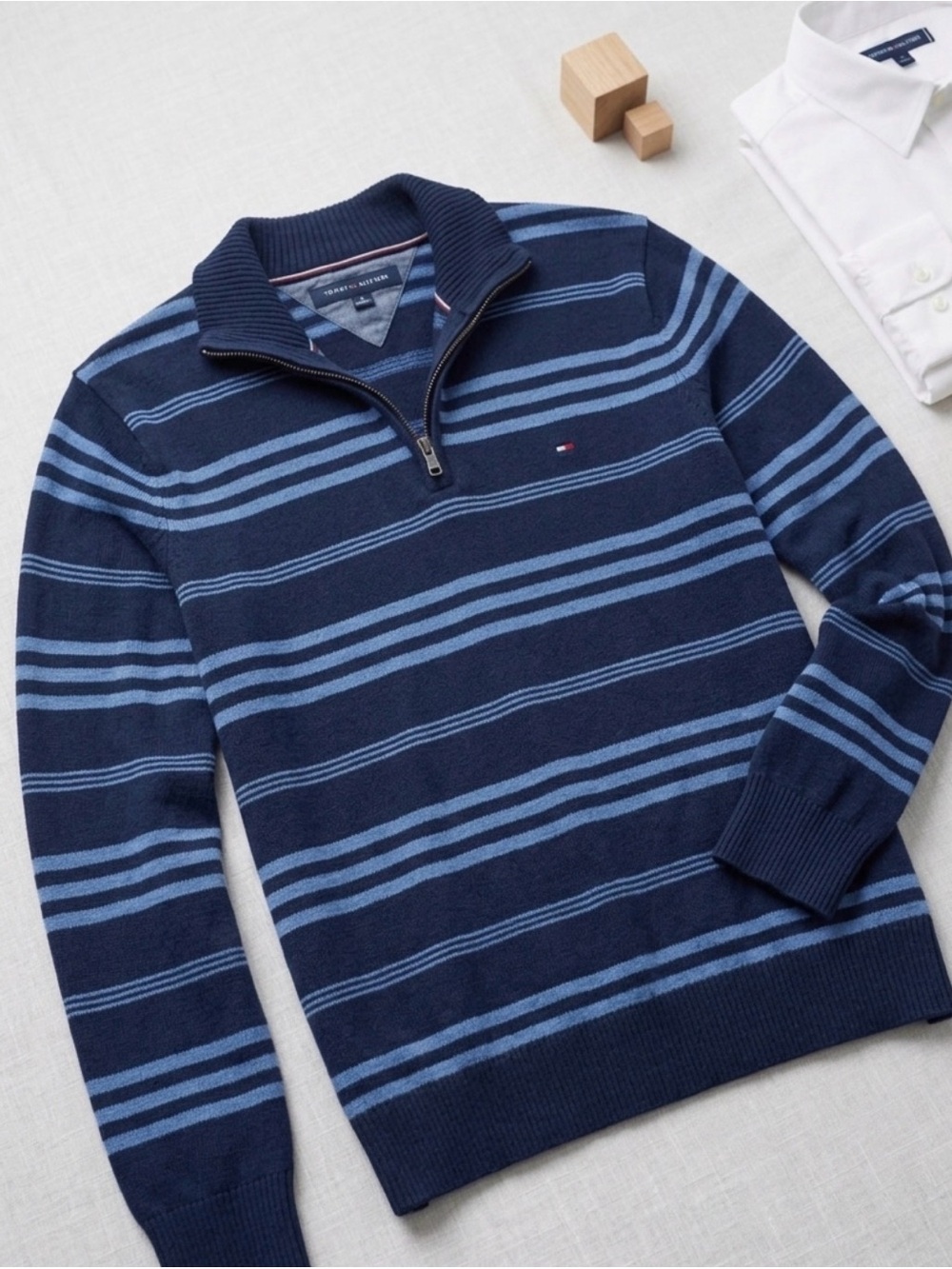 Tommy Hilfiger Navy & Light Blue Striped Half-Zip Sweater